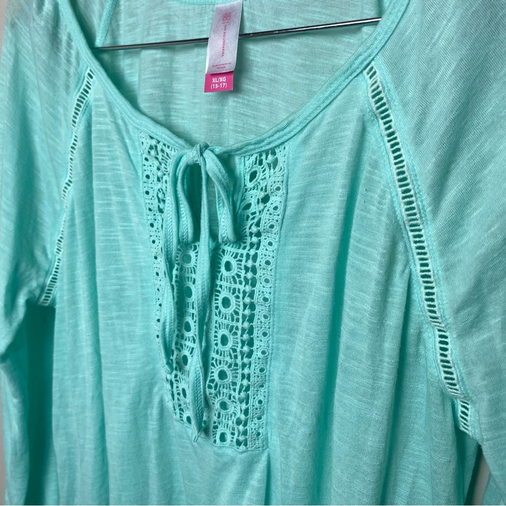 No Boundaries Aqua Blue Crochet Tunic Top w/ Bow Women’s XL - Picture 4 of 6